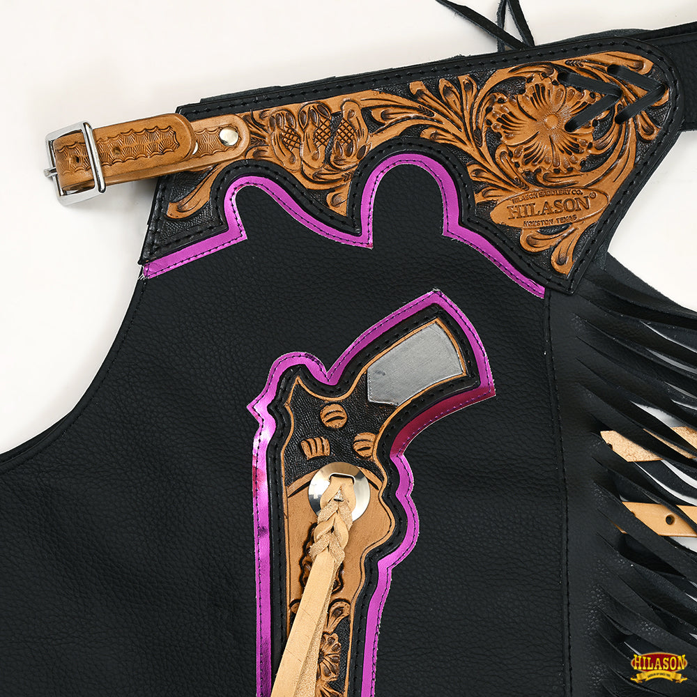 Hilason Pro Rodeo Bull Riding Chaps Genuine Leather Western Black