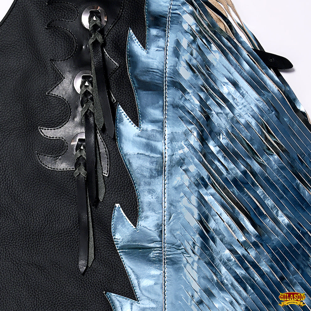 Hilason Bull Riding Smooth Genuine Leather Rodeo Western Chaps Black Blue