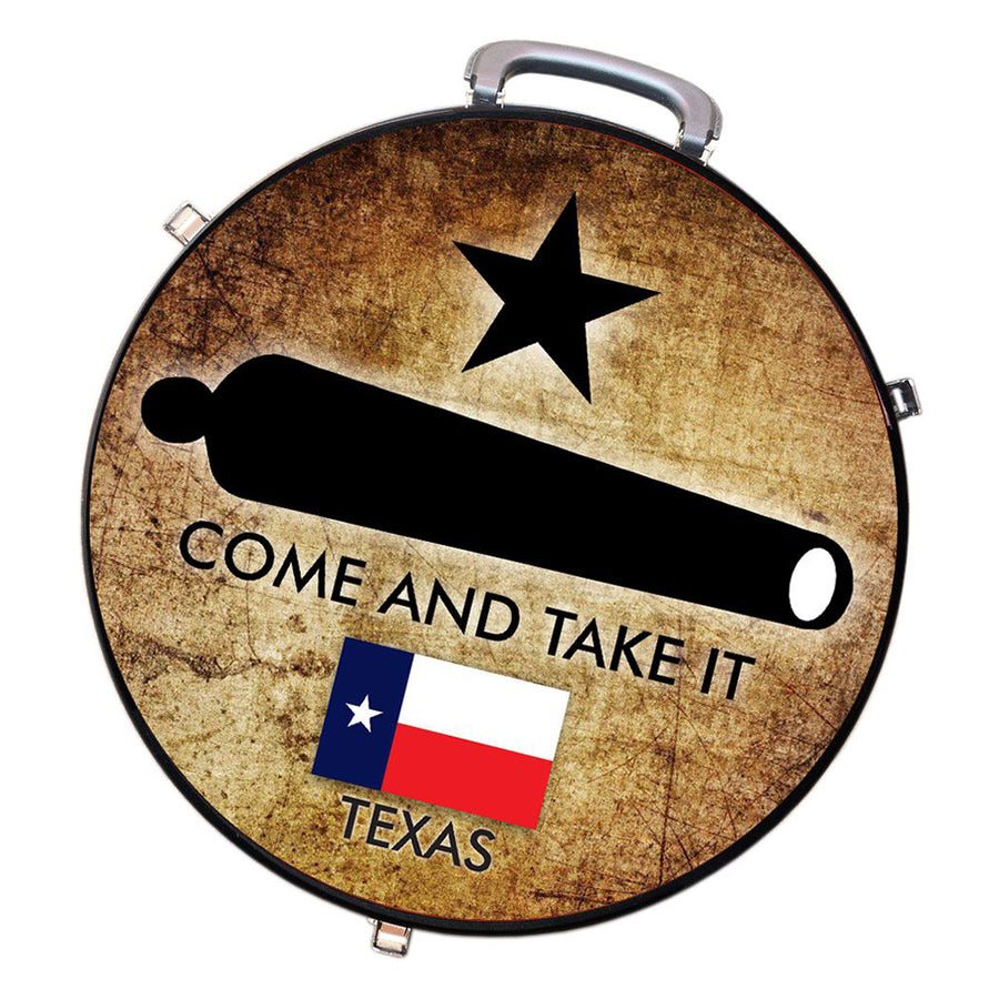Round tan canvas suitcase with Texas flag graphic - Uhorse