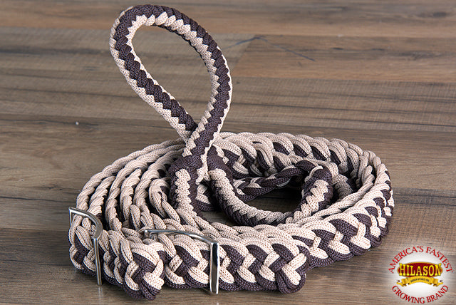 Hilason Braided Poly Barrel Racing Contest Flat Reins 1" X 8Ft Tan Black