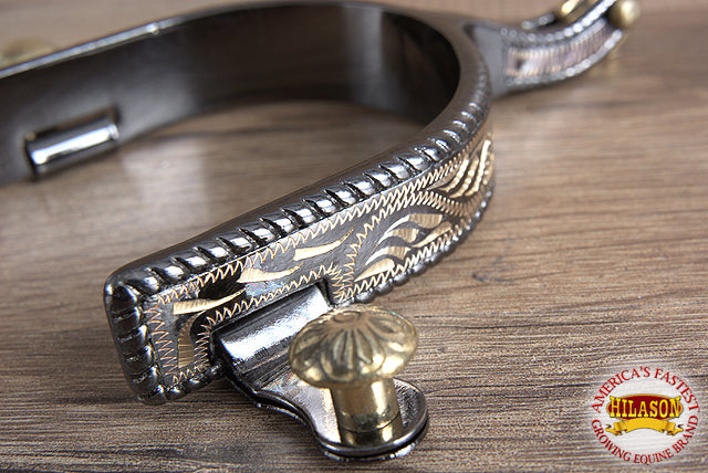 Midnight Silver Engraved Band Ladies Spurs W/ And Rosebud Rowel