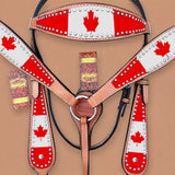 HILASON Western Horse Headstall Bridle American Leather Canadian Flag | Leather Headstall | Leather Breast Collar | Tack Set for Horses | Horse Tack Set