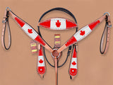 HILASON Western Horse Headstall Bridle American Leather Canadian Flag | Leather Headstall | Leather Breast Collar | Tack Set for Horses | Horse Tack Set