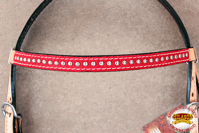 Western Horse Headstall Tack Bridle American Leather Red Crystal Hilason