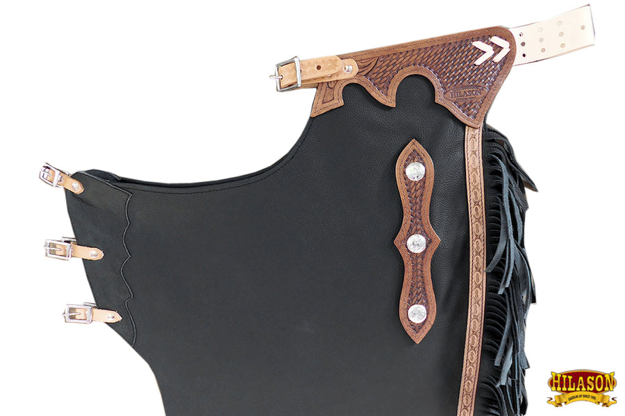 HILASON Bull Riding Chinks Adult Pro Rodeo Bronc Leather Black | Handmade Chaps Western for Adults Hand Tooled