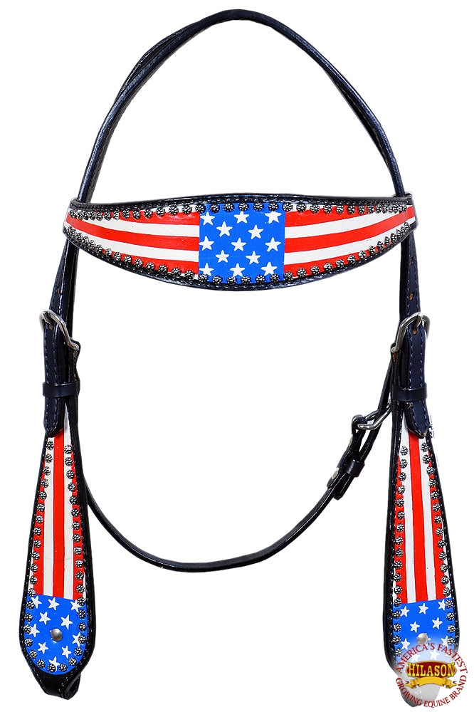 HILASON Western Headstall Horse Tack Leather Bridle Hand Paint Us Flag | for Horses Headstalls