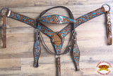 HILASON Western  Horse Leather Headstall & Breast Collar Set Floral Brown - Turquoise Inlay