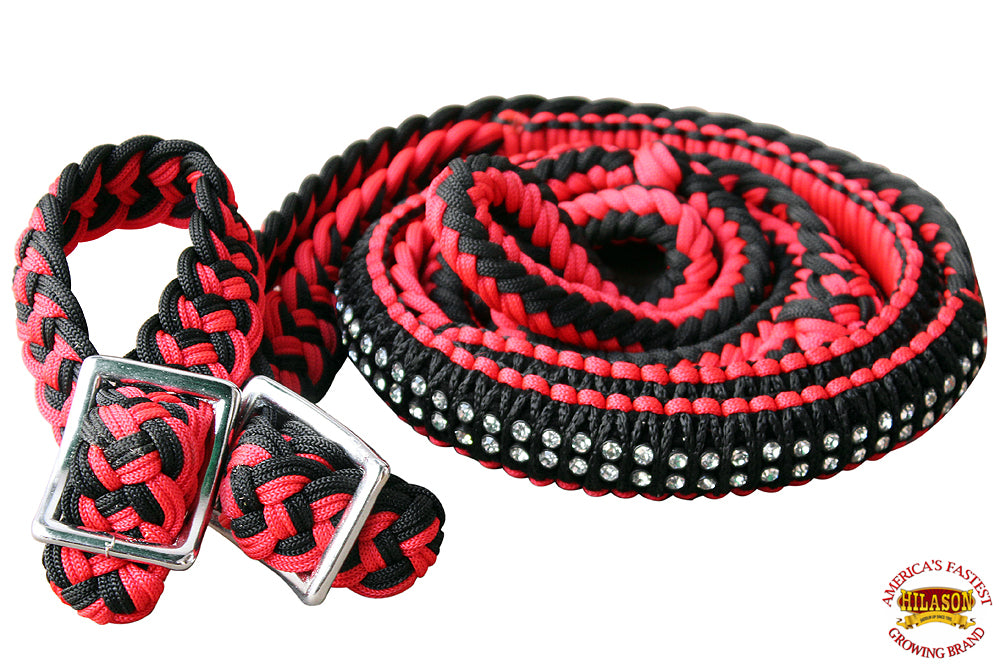 1" X 8Ft Hilason Braided Poly Horse Barrel Reins Flat Grip Knots Crystal