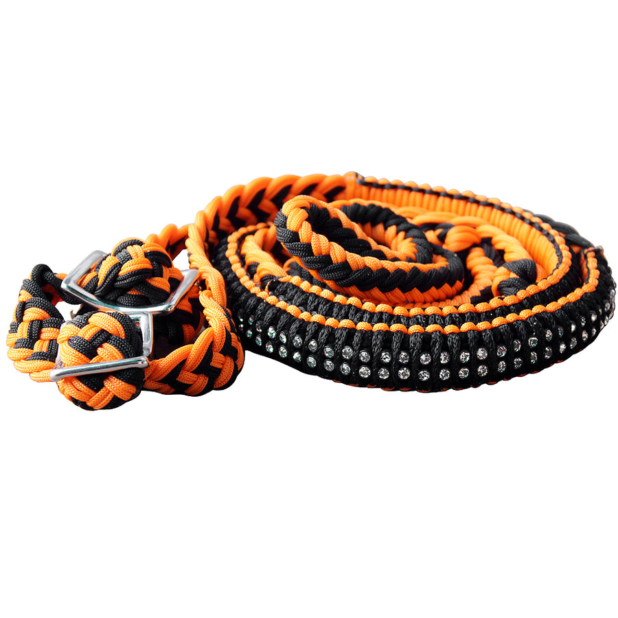 Orange and black nylon braided western belt with rhinestone studded section - Uhorse