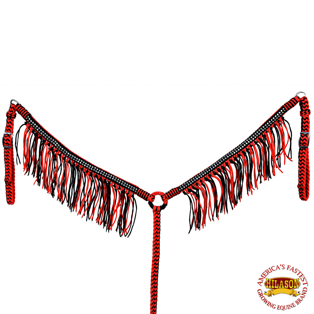 Black Horse Breast Collar Flat Braided Paracord Crystal Fringes Hilason