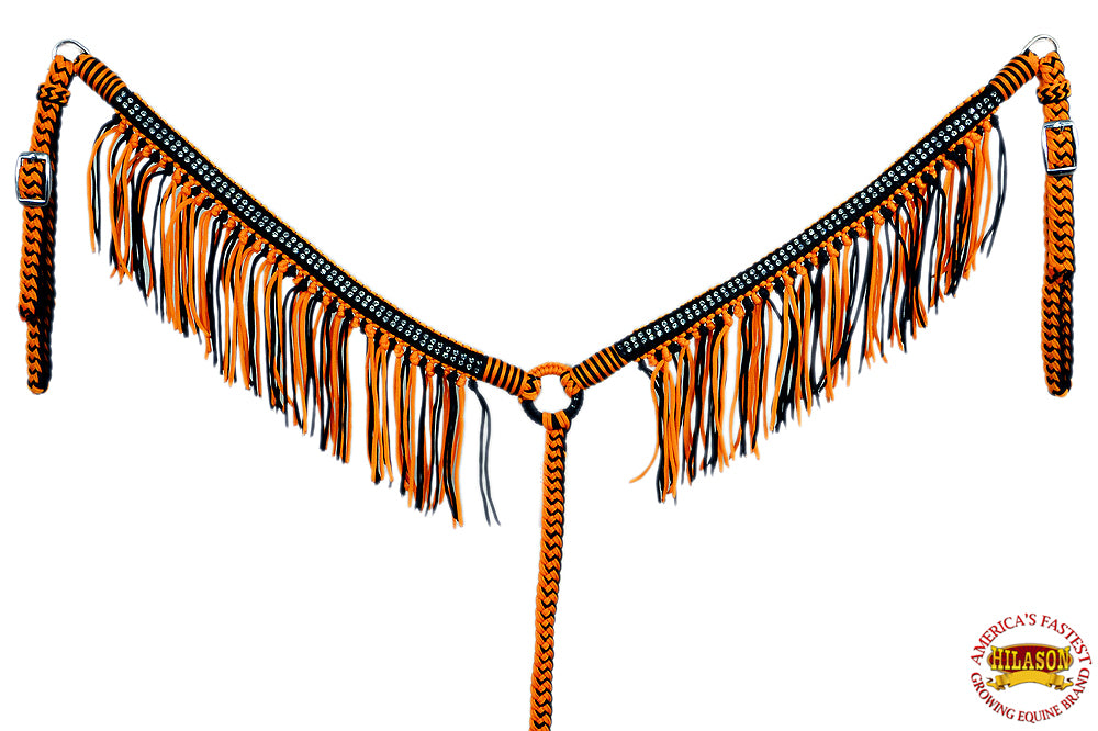 Black Horse Breast Collar Flat Braided Paracord Crystal Fringes Hilason