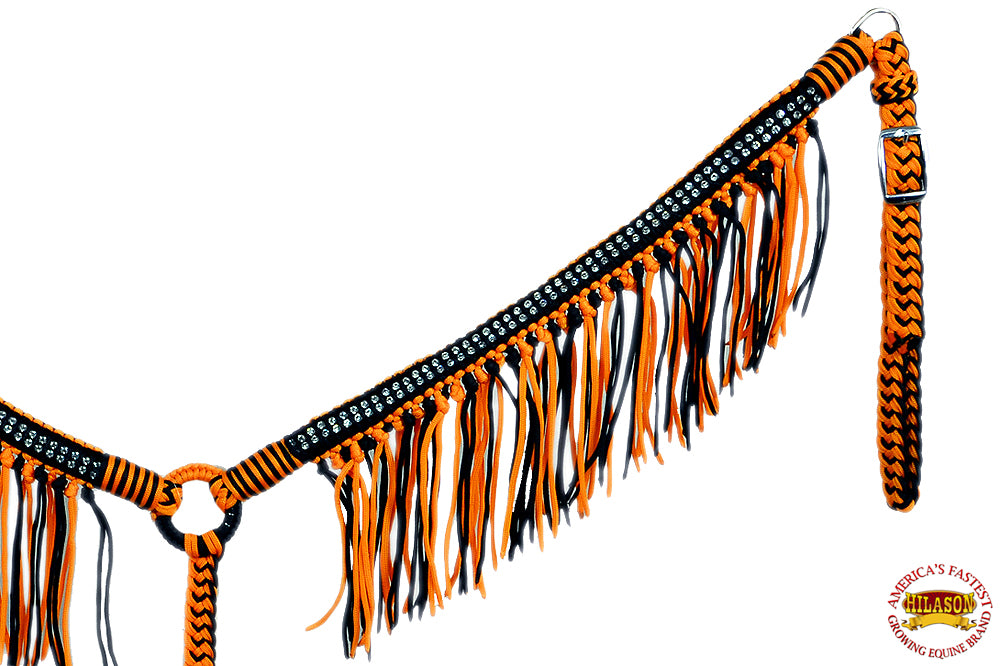 Black Horse Breast Collar Flat Braided Paracord Crystal Fringes Hilason