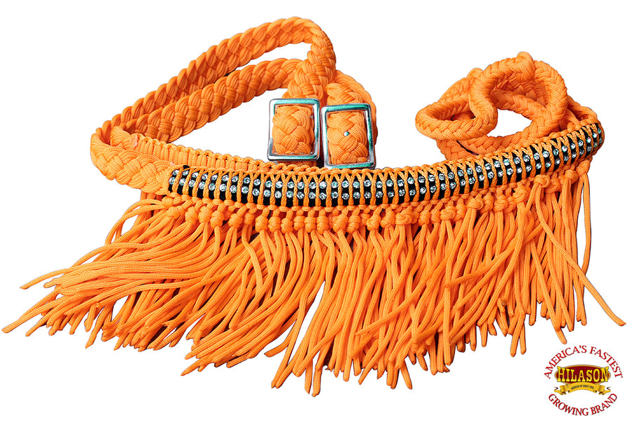 HILASON Braided Barrel Horse Racing Reins 1” x 8ft Crystal Center Band Fringes