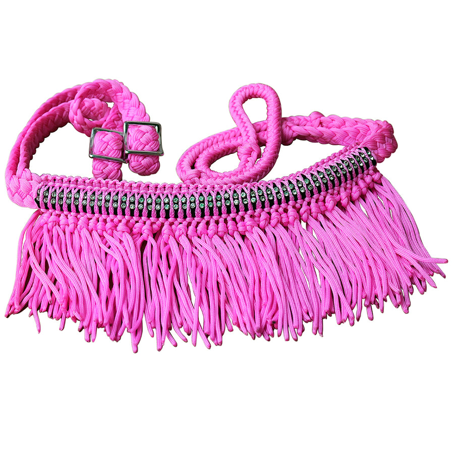 Pink nylon breast collar with fringe and metal hardware - Uhorse