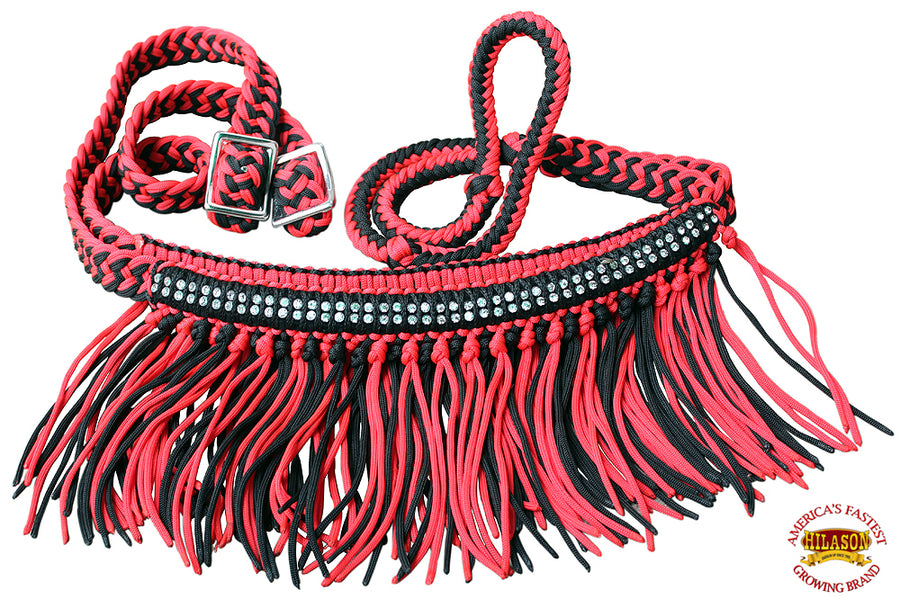 HILASON Braided Barrel Horse Racing Reins 1” x 8ft Crystal Center Band Fringes