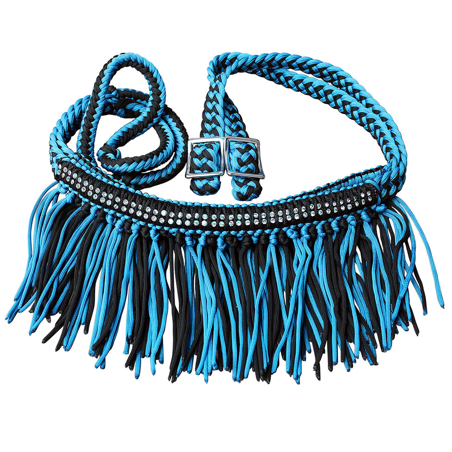 Blue and black nylon halter with rhinestone band and fringe - Uhorse