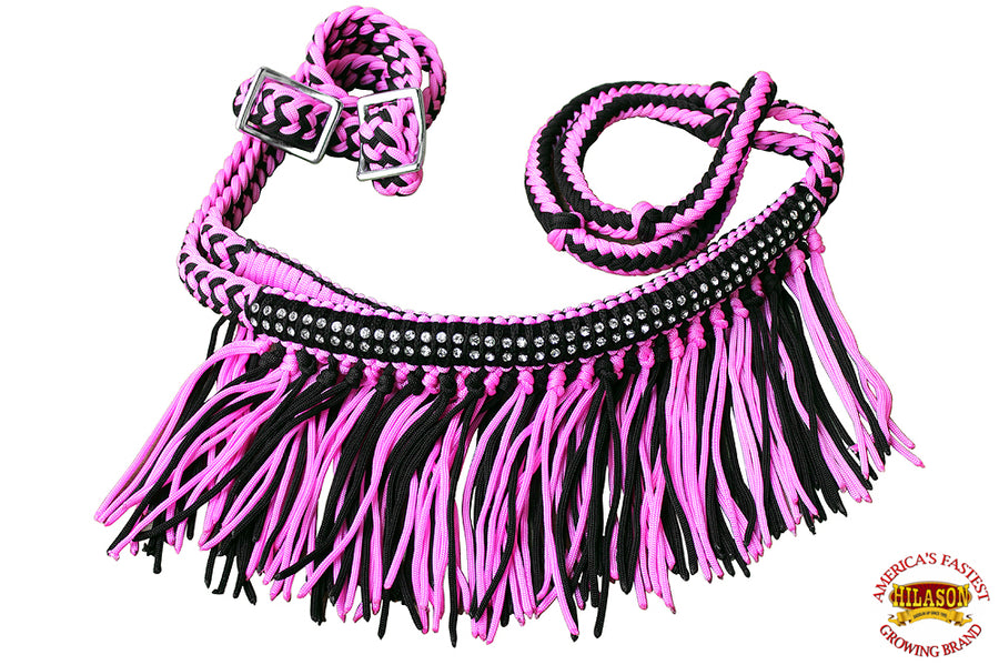 HILASON Braided Barrel Horse Racing Reins 1” x 8ft Crystal Center Band Fringes