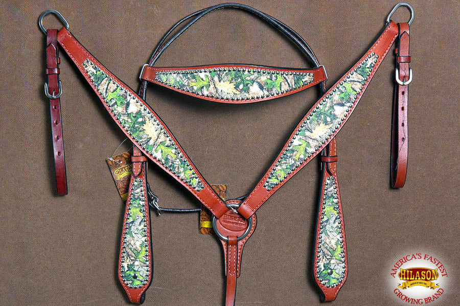 Hilason Western Horse Breast Collar Headstall American Leather Camouflage Mahogany
