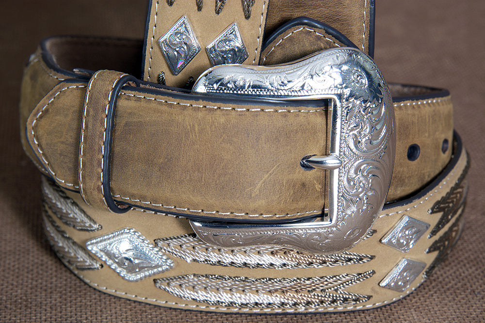 Nocona Leather Mens Belt Lacing Design Silver Diamond Conchos Brown