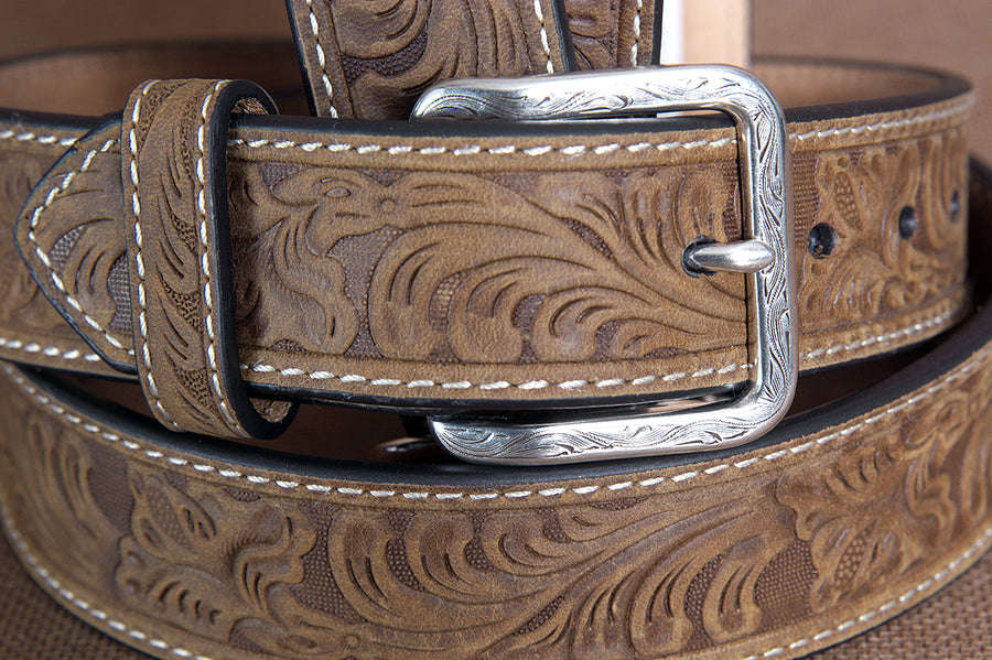 Nocona Leather Mens Belt Embossed Floral Tooled Engraved Buckle