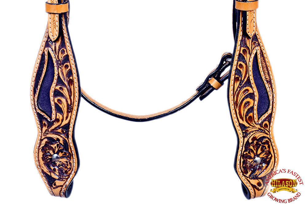 Hilason Western Horse Headstall Bridle American Leather Floral Tan Purple
