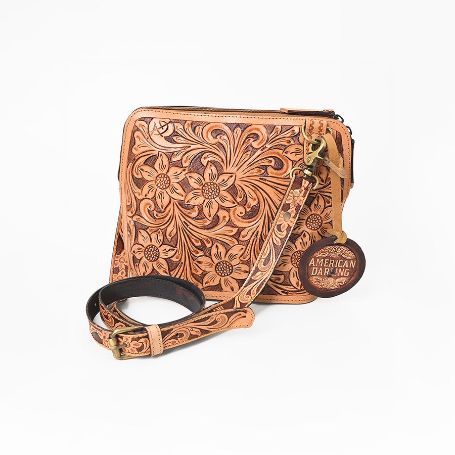 American Darling Western Leather Crossbody Bag Hand Tooled Floral Carved Purse with Adjustable Strap
