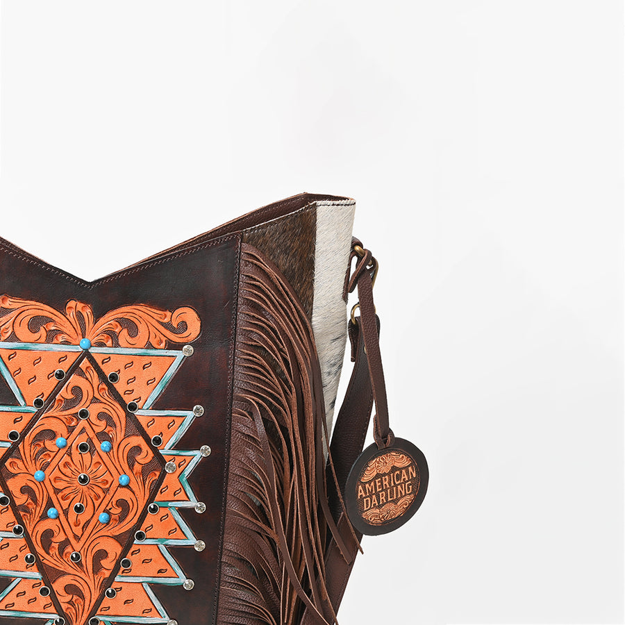 American Darling Women’s Hand-Tooled Hair-On Cowhide Western Leather Fringe Crossbody Bag 14in (H) X 12in (W) X 3in (D)