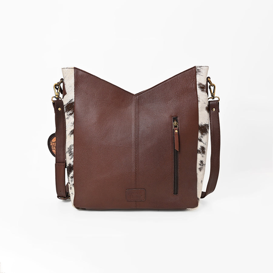 American Darling Women’s Hand-Tooled Hair-On Cowhide Western Leather Fringe Crossbody Bag 14in (H) X 12in (W) X 3in (D)