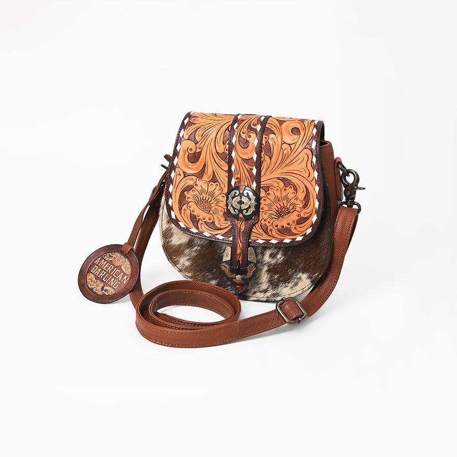 American Darling Hand-Tooled Hair-On Cowhide Genuine Leather Western Crossbody Bag - Uhorse