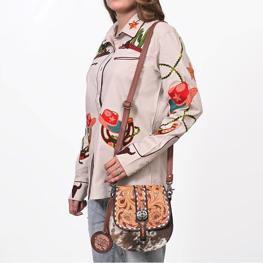 American Darling Hair-on and Hand-Tooled Genuine Leather Western Crossbody Bag with Adjustable Strap 7in (H) X 8in (W) X 3in (D)
