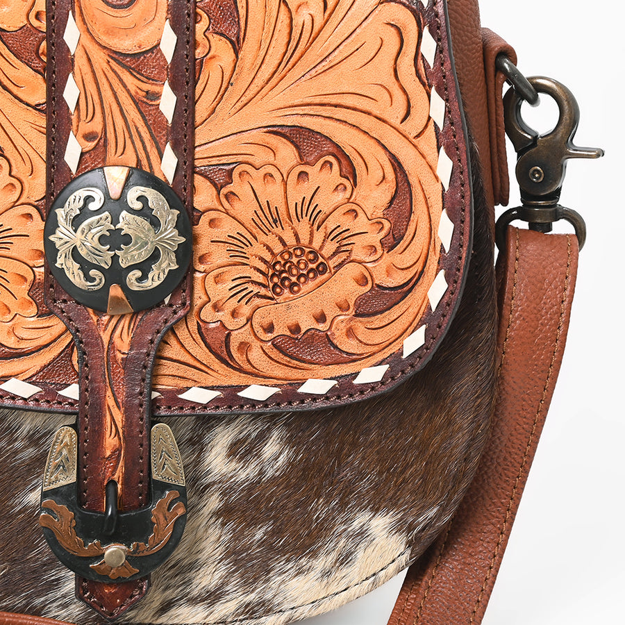American Darling Hair-on and Hand-Tooled Genuine Leather Western Crossbody Bag with Adjustable Strap 7in (H) X 8in (W) X 3in (D)