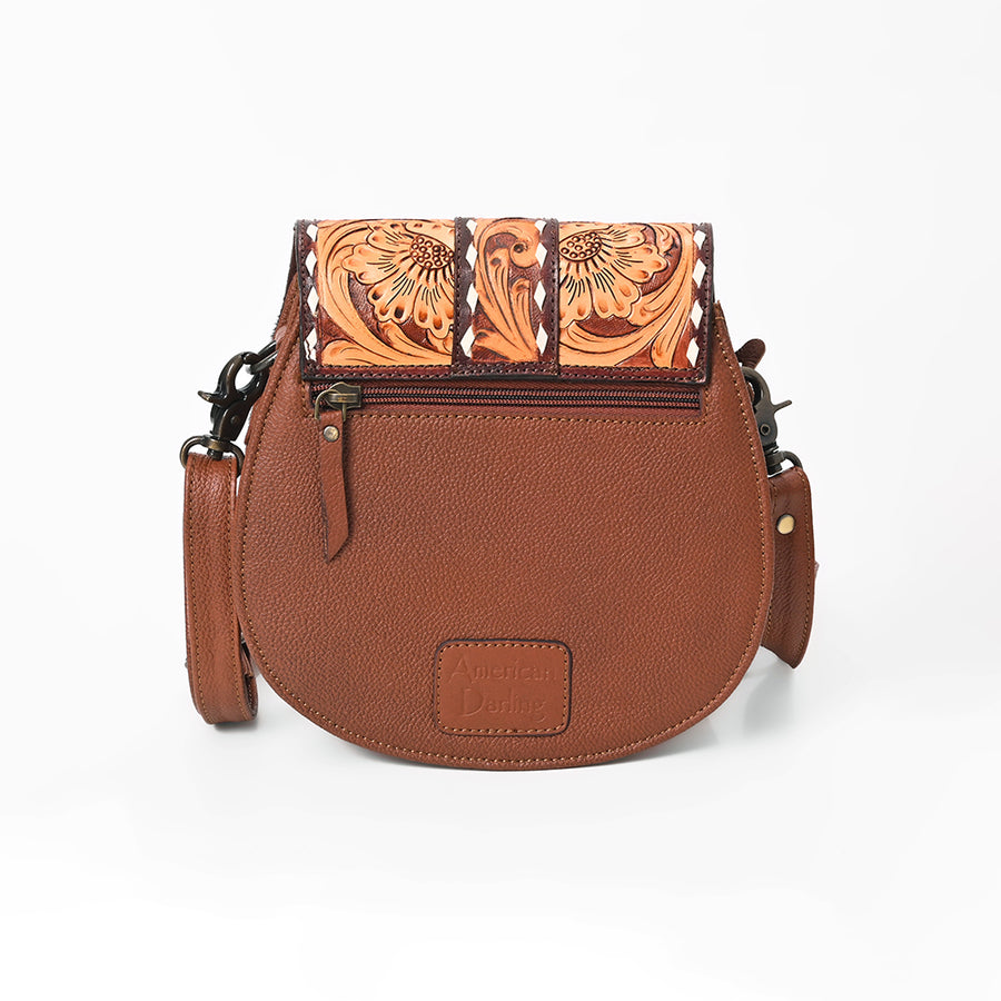 American Darling Hair-on and Hand-Tooled Genuine Leather Western Crossbody Bag with Adjustable Strap 7in (H) X 8in (W) X 3in (D)