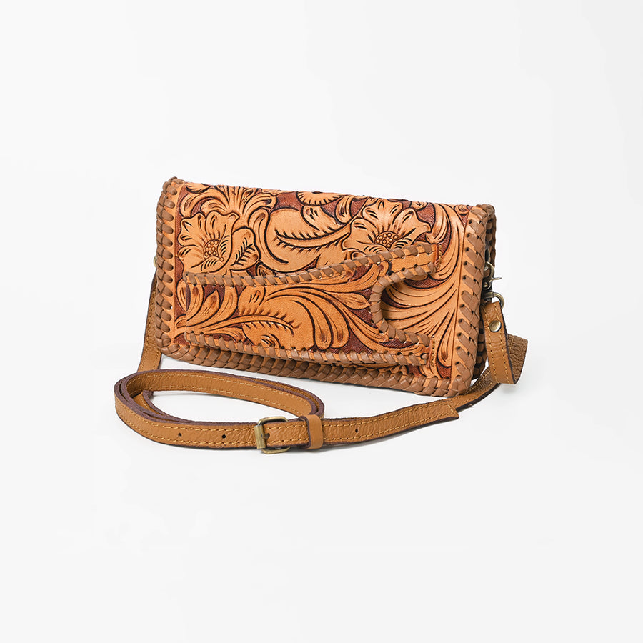 American Darling Western Hand-Tooled Leather Clutch Bag with Floral Carving - Uhorse