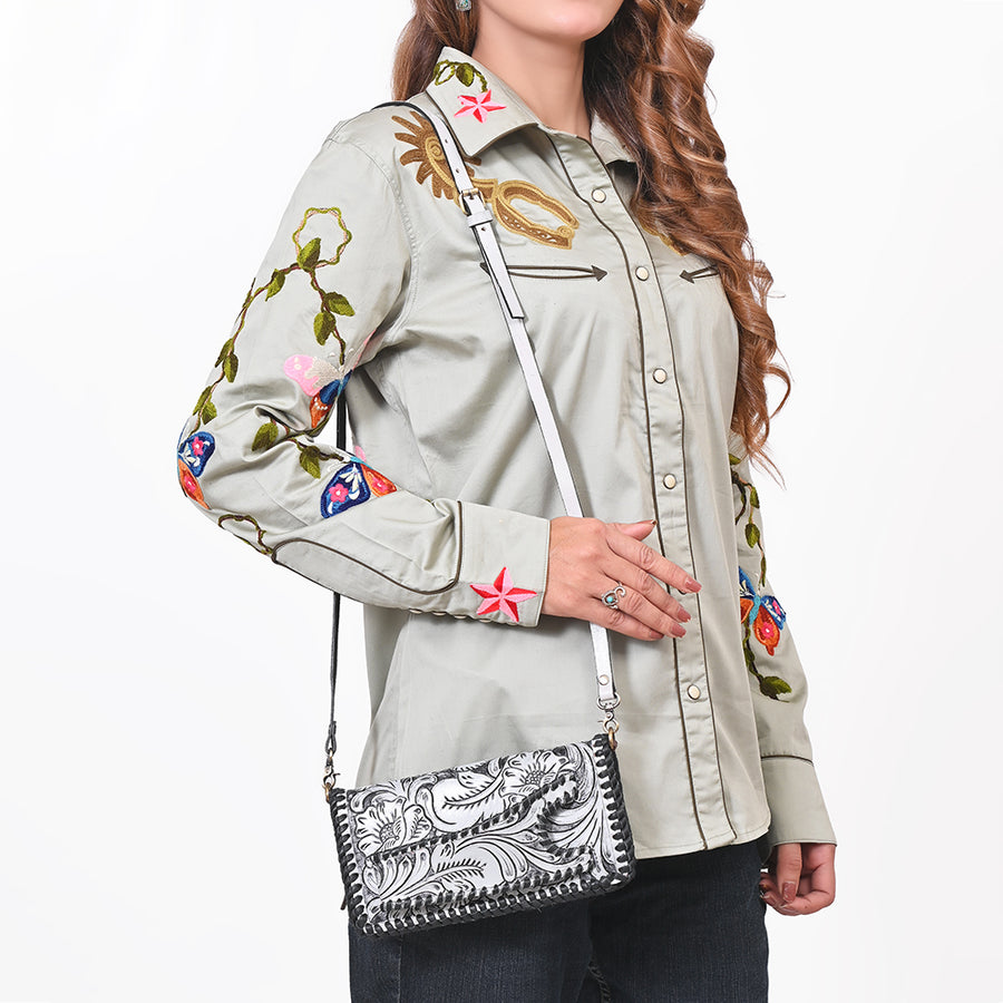 American Darling Western Hand-Tooled Leather Clutch Bag with Floral Carving and Premium Genuine Leather