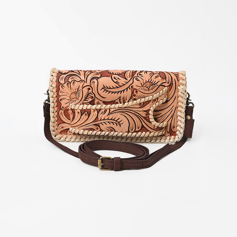 American Darling Western Hand-Tooled Leather Clutch Bag with Floral Carving and Premium Genuine Leather