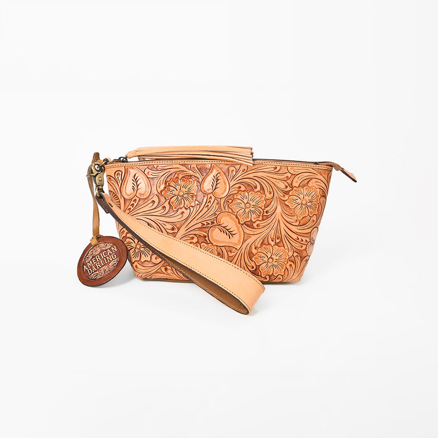 American Darling Western Hand-Tooled Leather Wristlet Bag – Genuine Floral Carved Women’s Clutch with Fringe Strap
