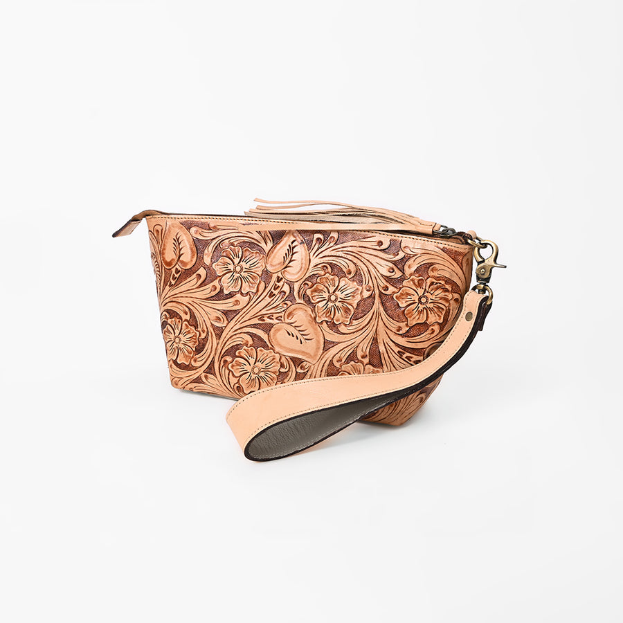 American Darling Hand-Tooled Western Leather Wristlet Bag - Genuine Floral Carved Women's Clutch - Uhorse