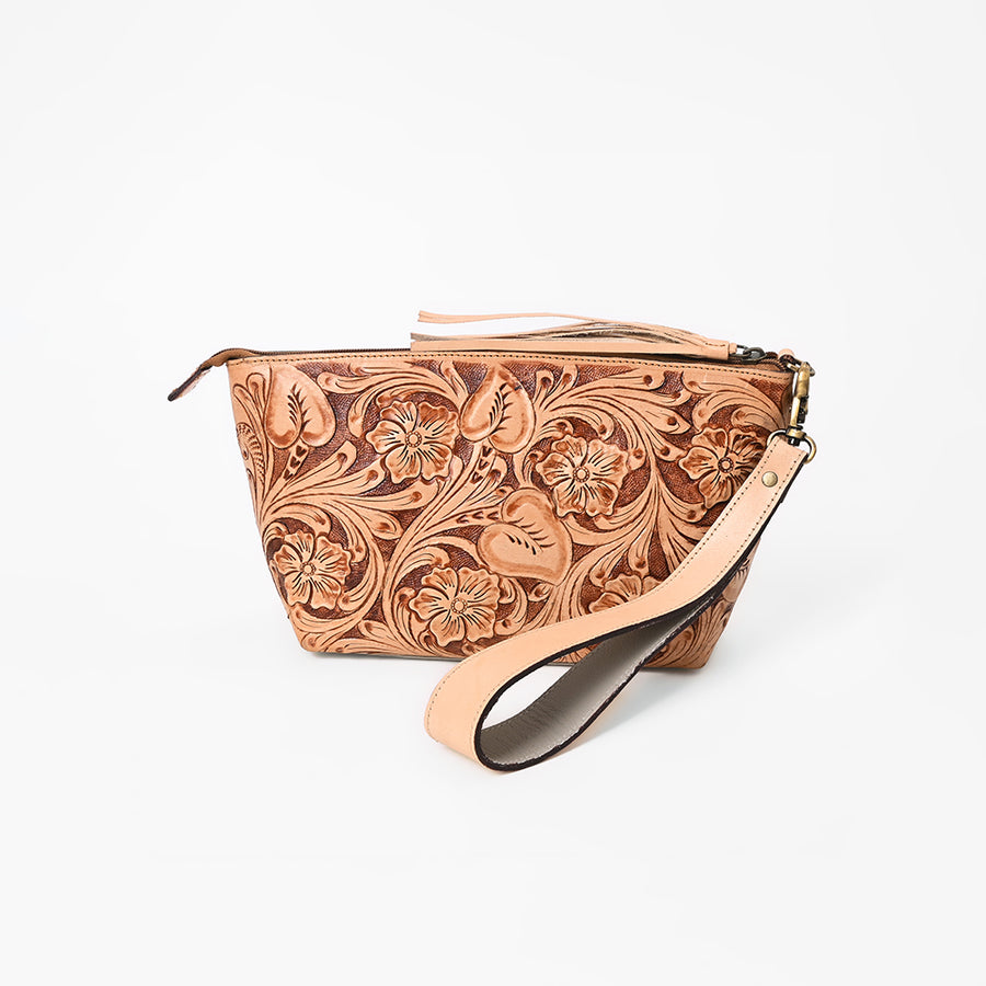 American Darling Western Hand-Tooled Leather Wristlet Bag – Genuine Floral Carved Women’s Clutch with Fringe Strap