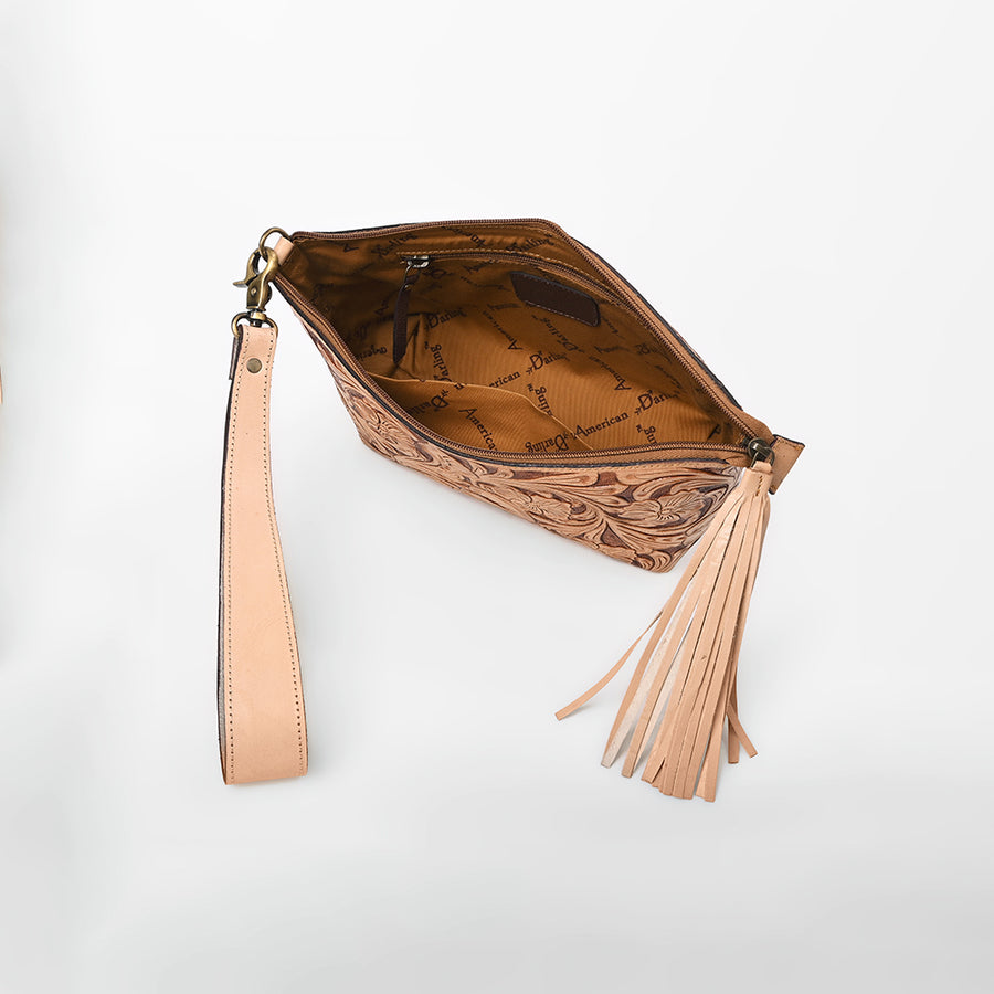 American Darling Western Hand-Tooled Leather Wristlet Bag – Genuine Floral Carved Women’s Clutch with Fringe Strap