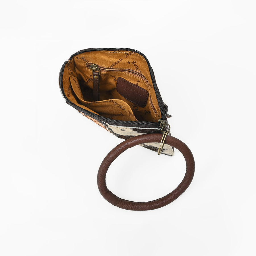 American Darling Western Wristlet Pouch Handcrafted from Hair-on Cowhide & Hand-Tooled Leather | Floral Carved Panel & Oversized O-Ring Handle