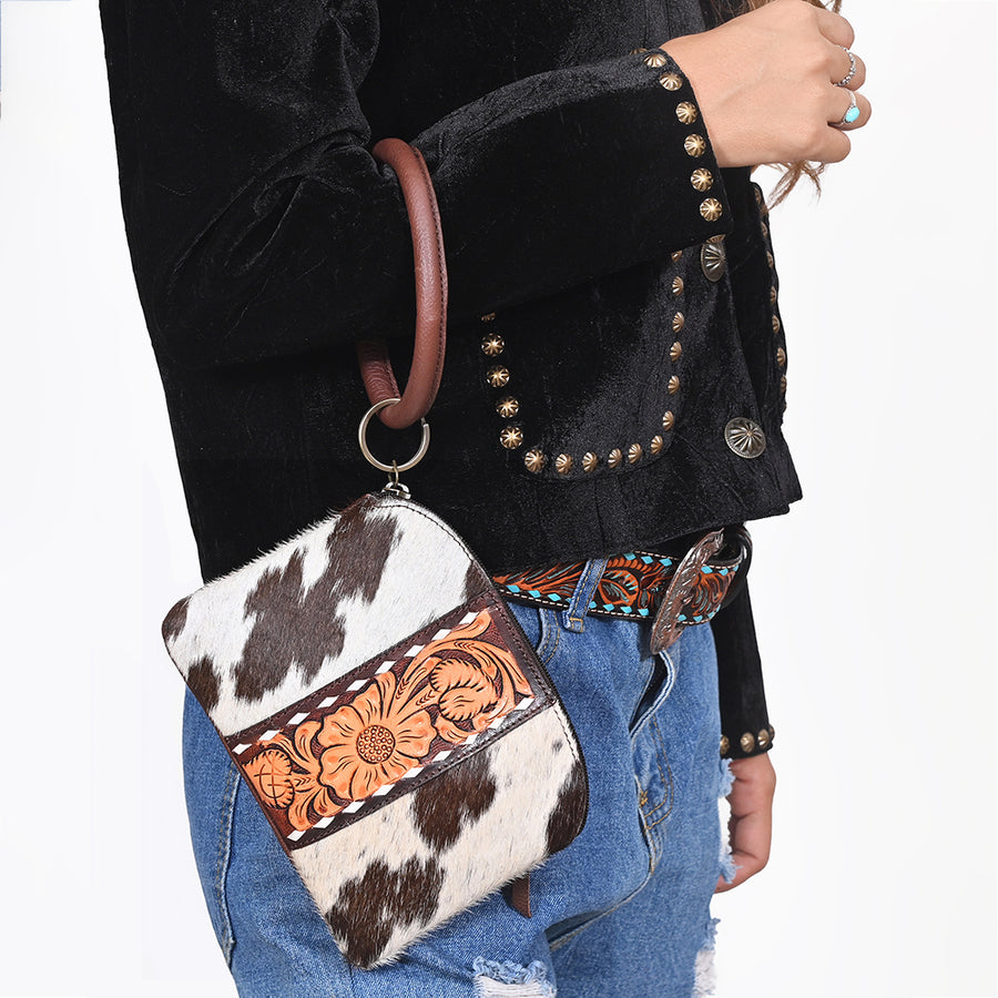 American Darling Western Wristlet Pouch Handcrafted from Hair-on Cowhide & Hand-Tooled Leather | Floral Carved Panel & Oversized O-Ring Handle