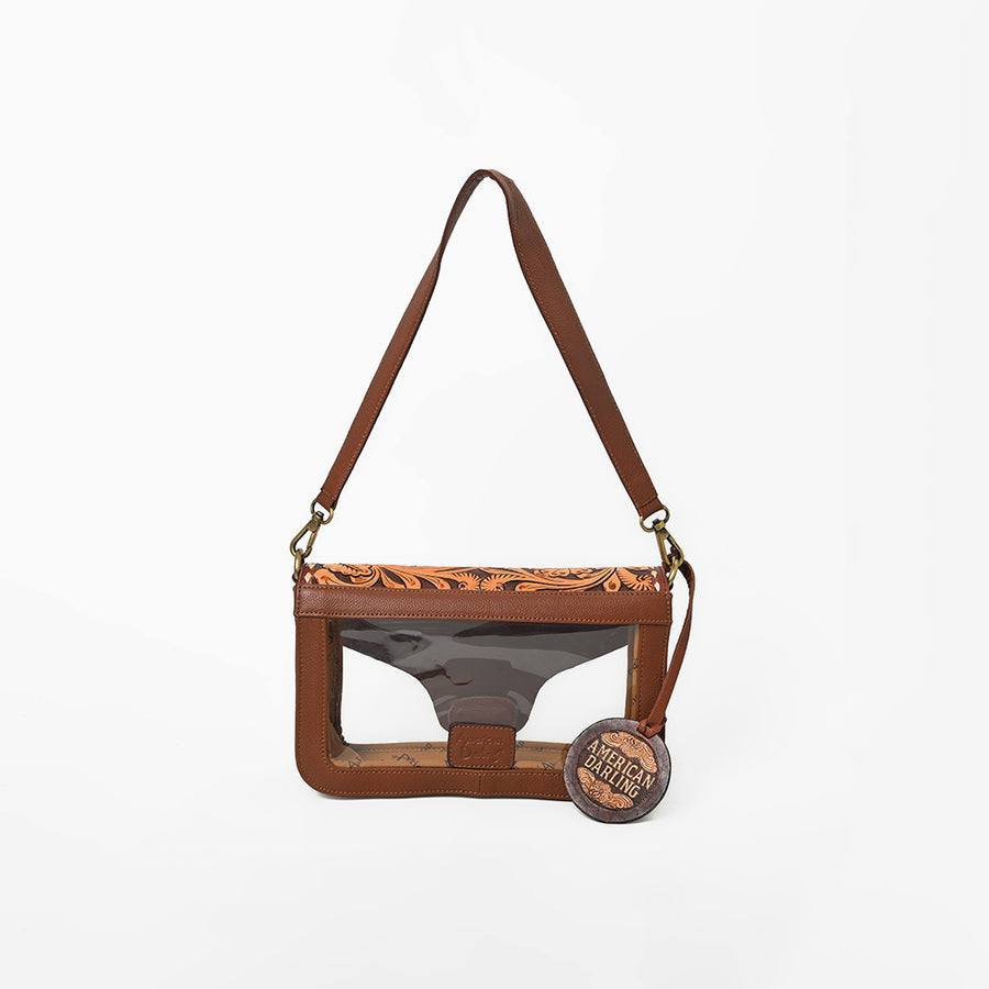 American Darling Hand-Tooled Western Leather Clear Bag – Genuine Floral Carved Crossbody, Vegetable-Tanned Full-Grain Leather
