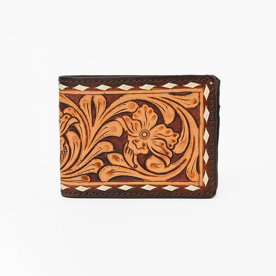 American Darling Hand-Tooled Leather Wallet Hand Bag with Floral Carving Buck Stitching Full-Grain Leather Compartments & Durable Construction