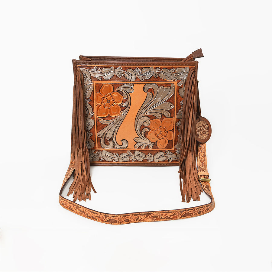 American Darling Hand-Tooled Leather Cross Body Bag with Floral Carving, Fringes, Rivet Embossing, Genuine Leather Build & Well-Compartmentalized Interior