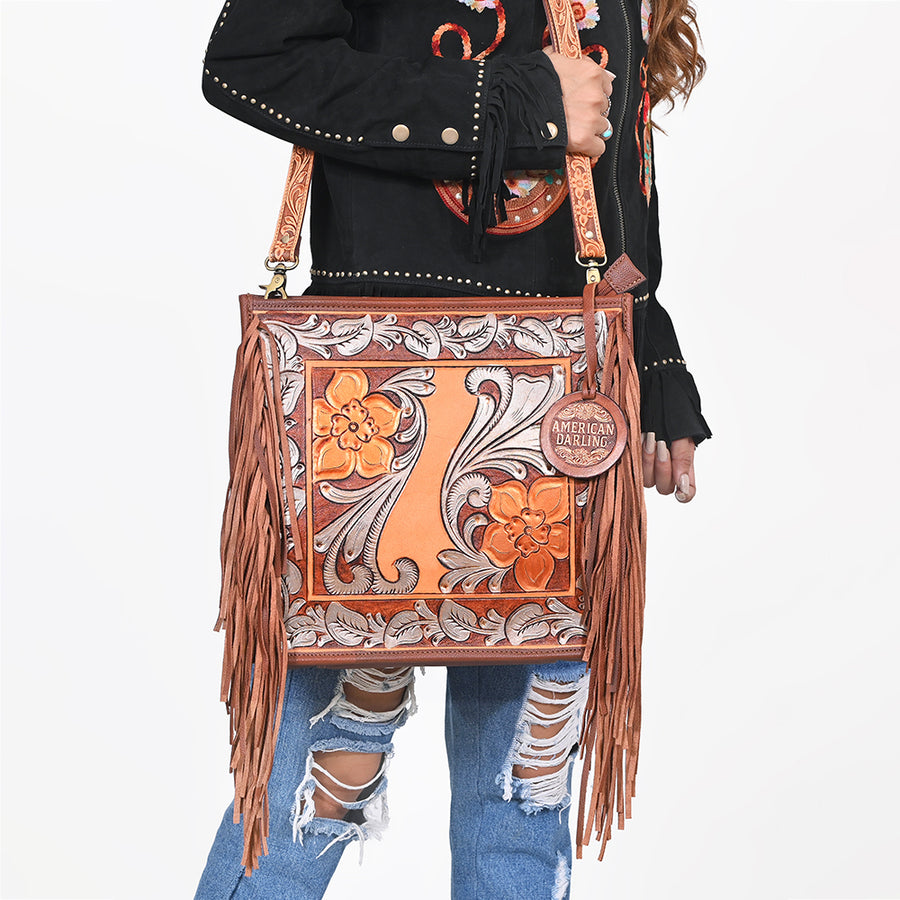 American Darling Hand-Tooled Leather Cross Body Bag with Floral Carving, Fringes, Rivet Embossing, Genuine Leather Build & Well-Compartmentalized Interior