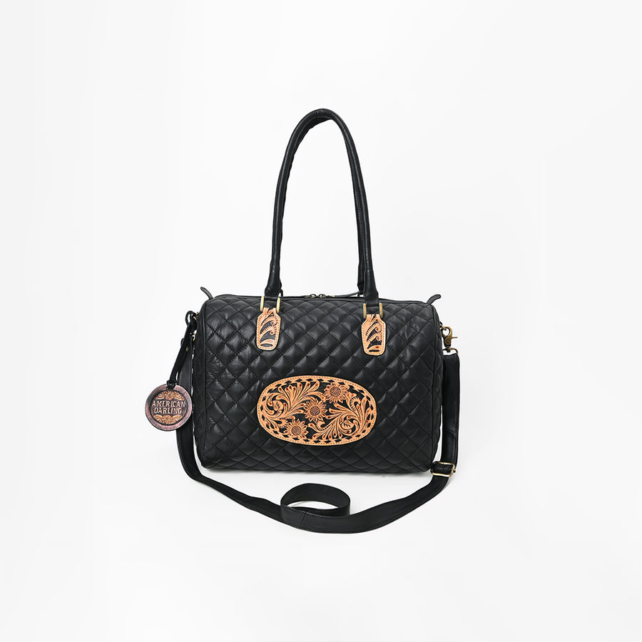 American Darling Western Speedy Bag Handcrafted Quilted & Hand-Tooled Genuine Leather | Floral Carved Accent, Buckstitch & YKK Zipper