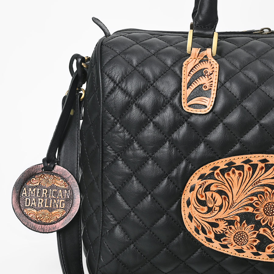 American Darling Western Speedy Bag Handcrafted Quilted & Hand-Tooled Genuine Leather | Floral Carved Accent, Buckstitch & YKK Zipper