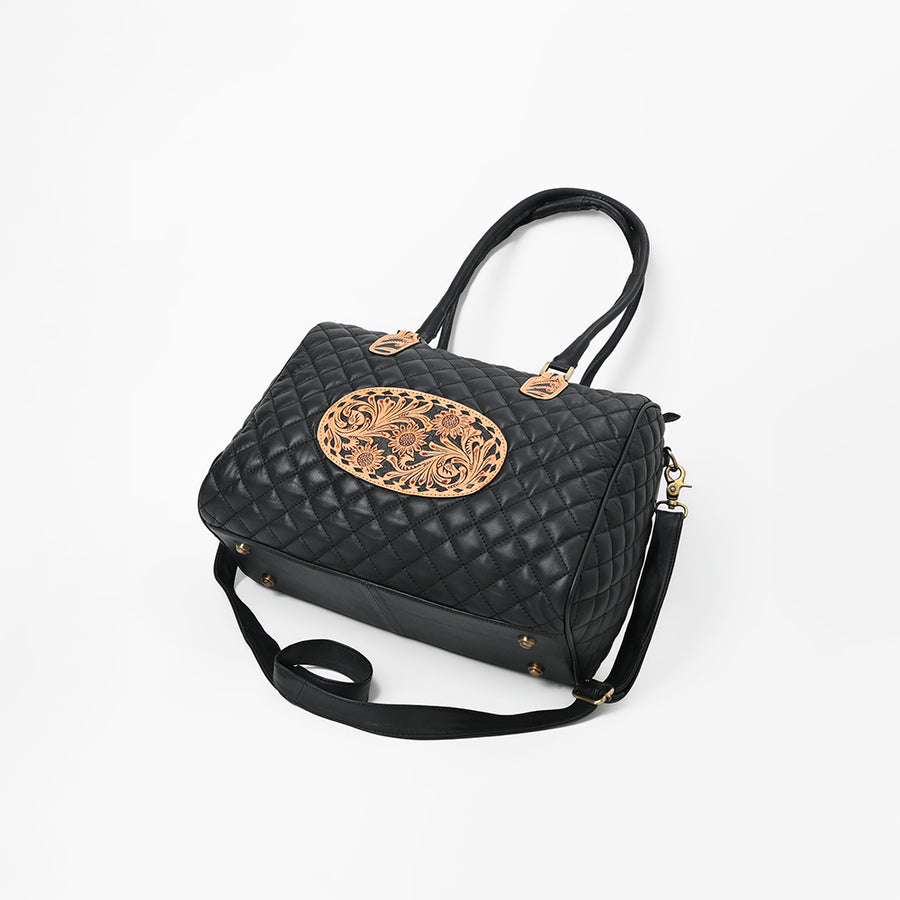American Darling Western Speedy Bag Handcrafted Quilted & Hand-Tooled Genuine Leather | Floral Carved Accent, Buckstitch & YKK Zipper