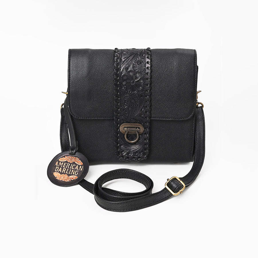 American Darling Western Cross Body Bag Handcrafted from Braided & Tooled Genuine Leather | Floral Carved Accent, Flap Closure & YKK Zipper