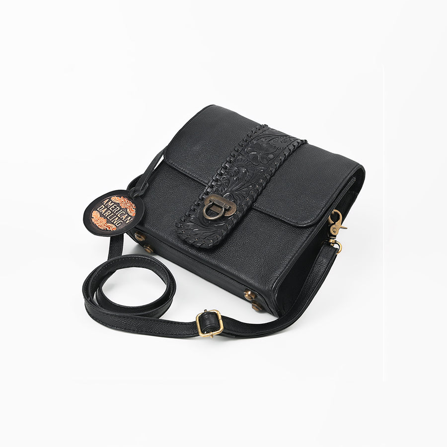 American Darling Western Cross Body Bag Handcrafted from Braided & Tooled Genuine Leather | Floral Carved Accent, Flap Closure & YKK Zipper